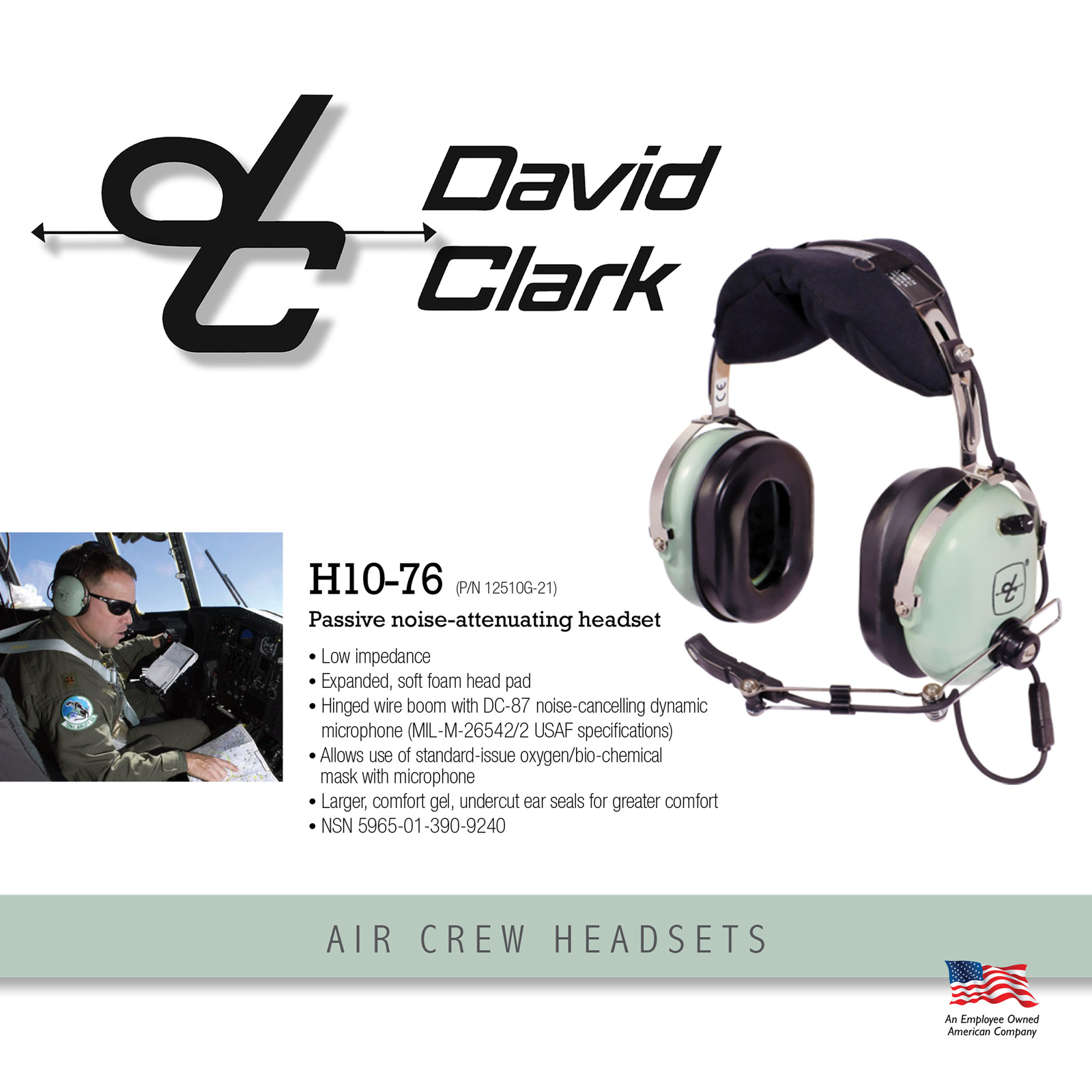 David Clark H10-76 Military Headset - Coil Cord - U174 Helicopter