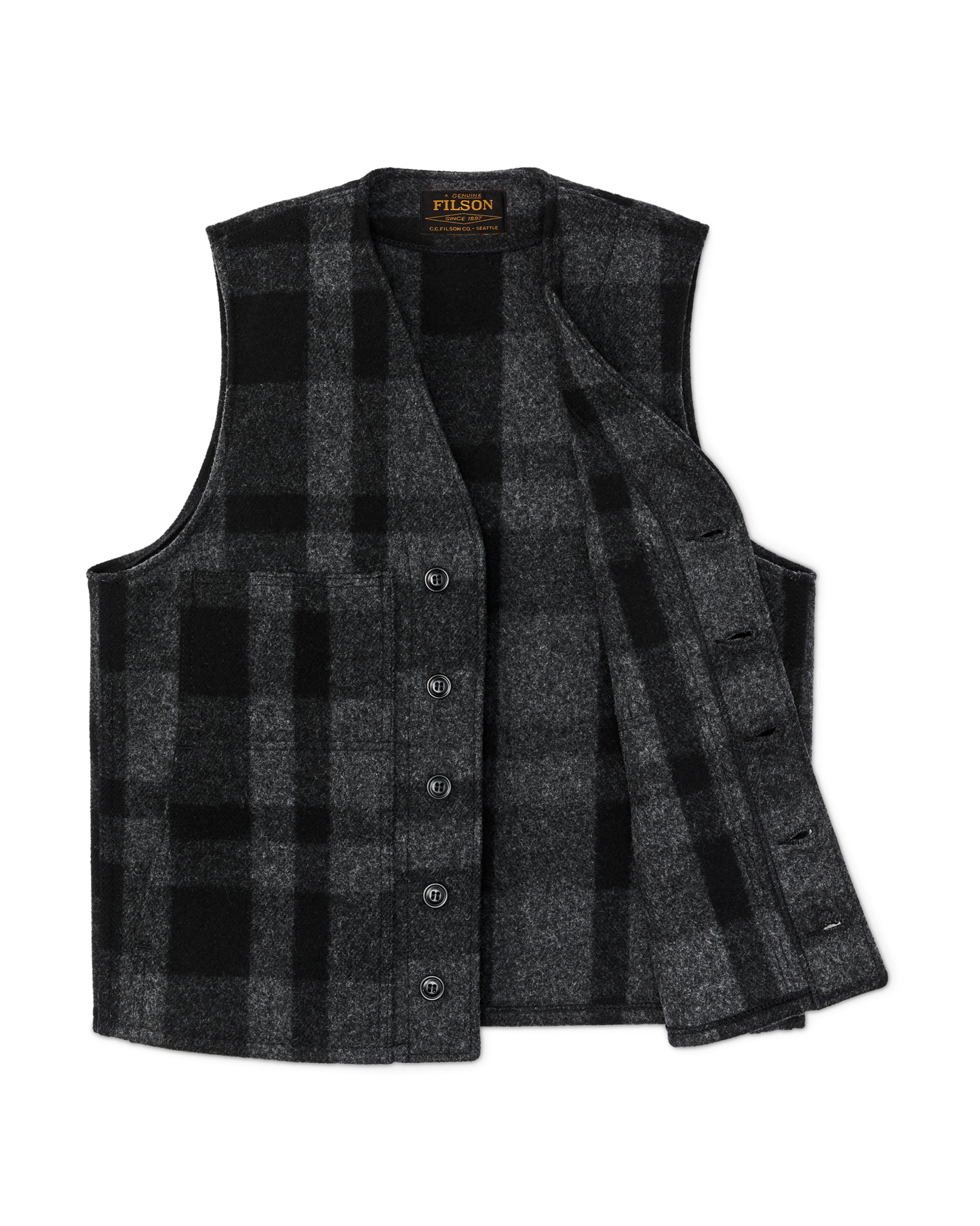Mackinaw Wool Vest - Charcoal / Black Heritage Plaid | Filson