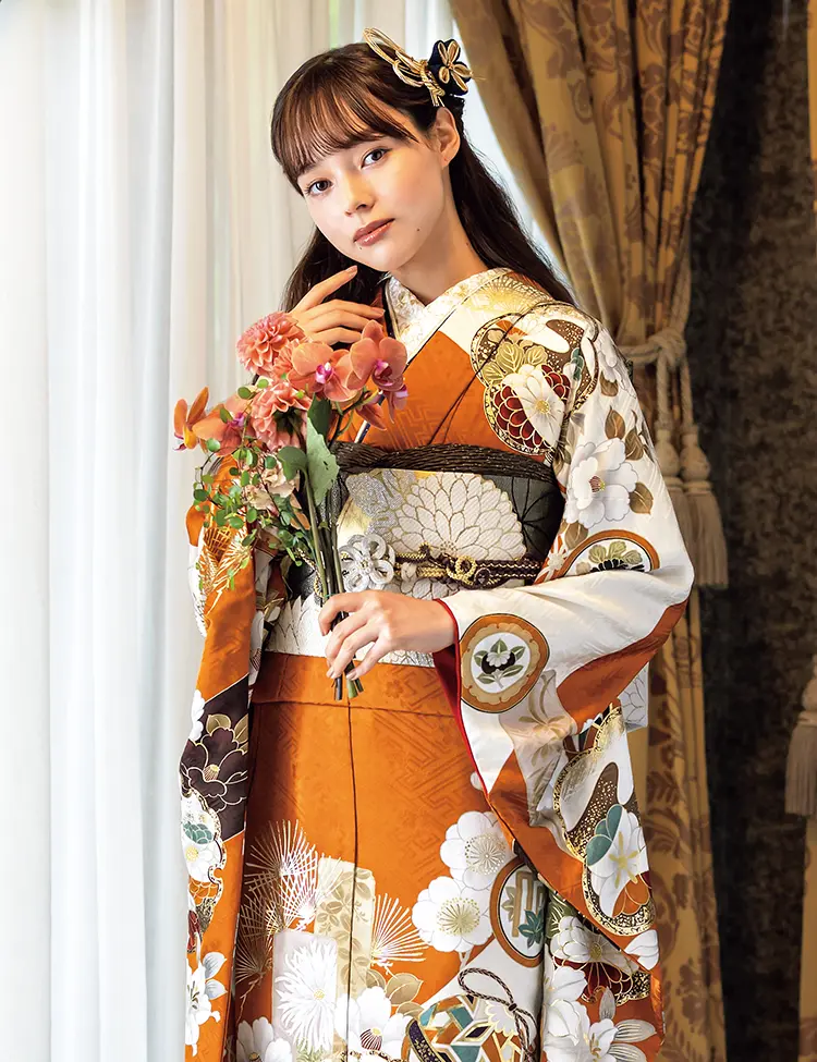 オレンジ色の成人式の振袖ネットレンタル｜FURISODE DOLL（フリソデ