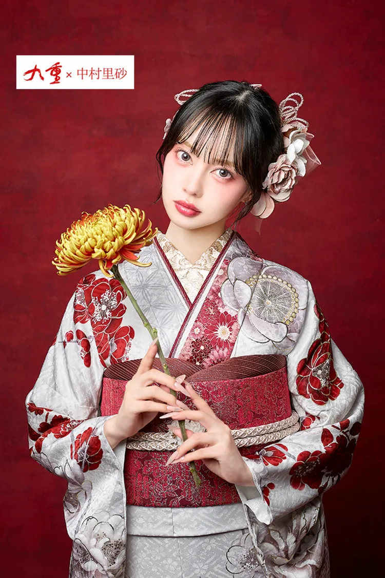 九重×中村里砂ブランド振袖ネットレンタル 白赤 牡丹柄 すっきり
