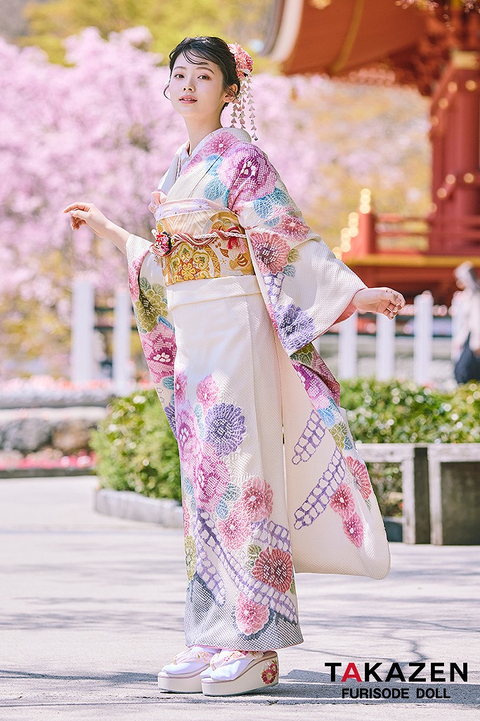 最上級“藤娘きぬたや” 白/ピンク 藤の花 総絞り振袖ネットレンタル