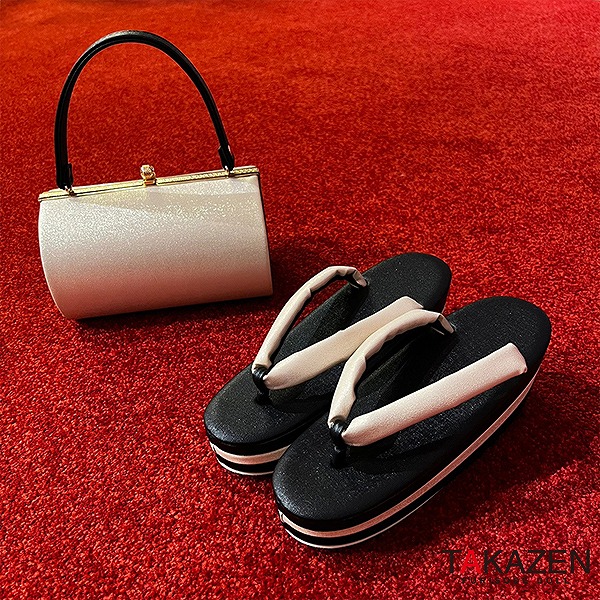 ラメ入りかわいい通販レンタル厚底草履バックセット黒/金（ゴールド