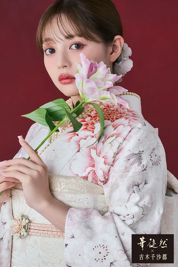 華徒然×吉木千沙都振袖ネットレンタル 白/ピンク 牡丹柄/菊柄 かわいい