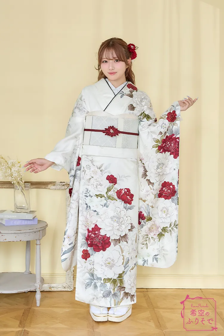 希空のふりそでネットレンタル 白/赤 牡丹柄 正統派古典 きれいめ