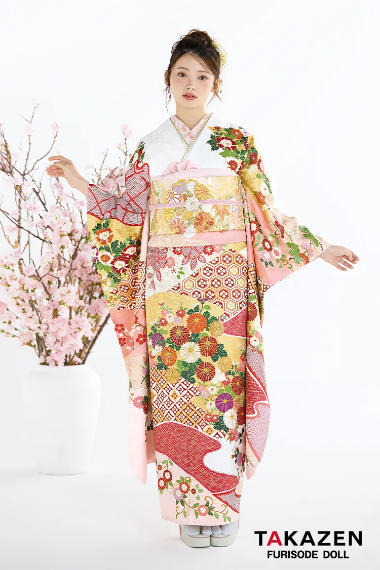 最高級古典柄振袖 吉澤織物/最高級染繍桶絞り友禅 サーモンピンク/白