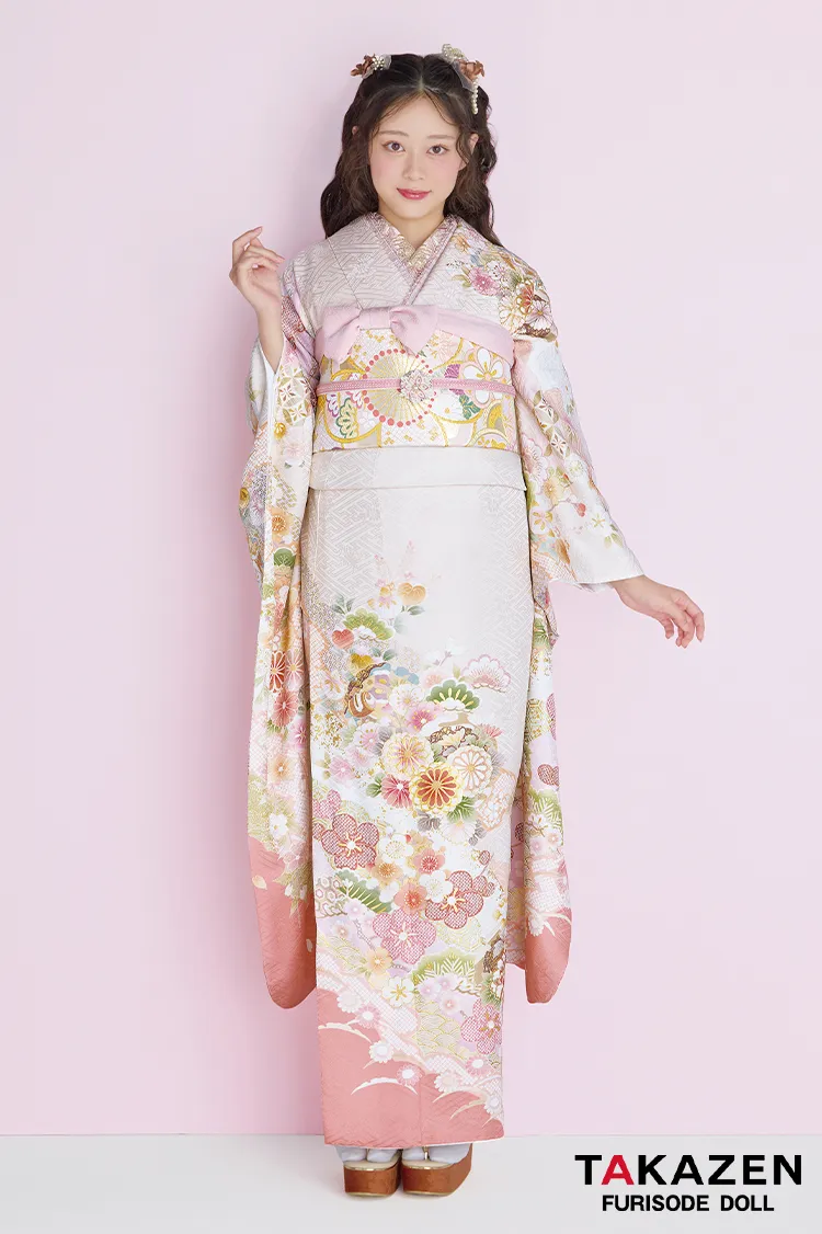 くすみカラー古典 サーモンピンク/ピンクベージュ 菊柄/梅柄 かわいい