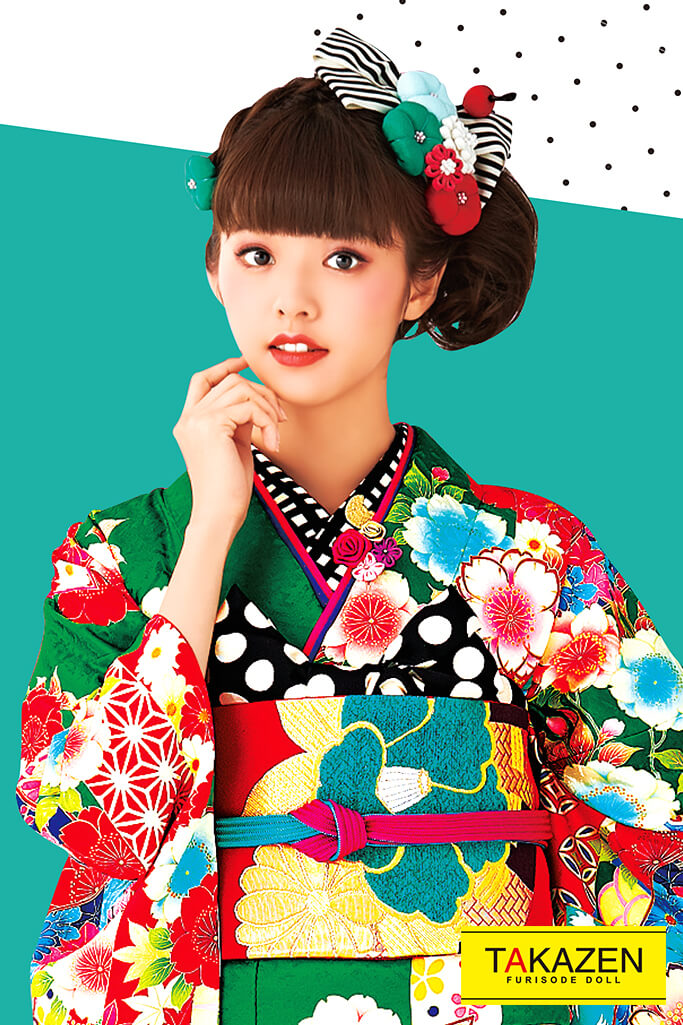 正統派レトロ 黄/赤/グリーン(緑色) 小花柄 モダン振袖ネットレンタル