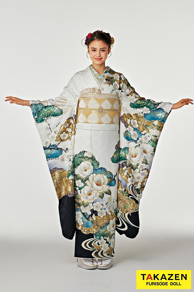 正統派古典 白地/緑/金 椿柄/流水模様 シンプル 大人っぽい 清楚 低