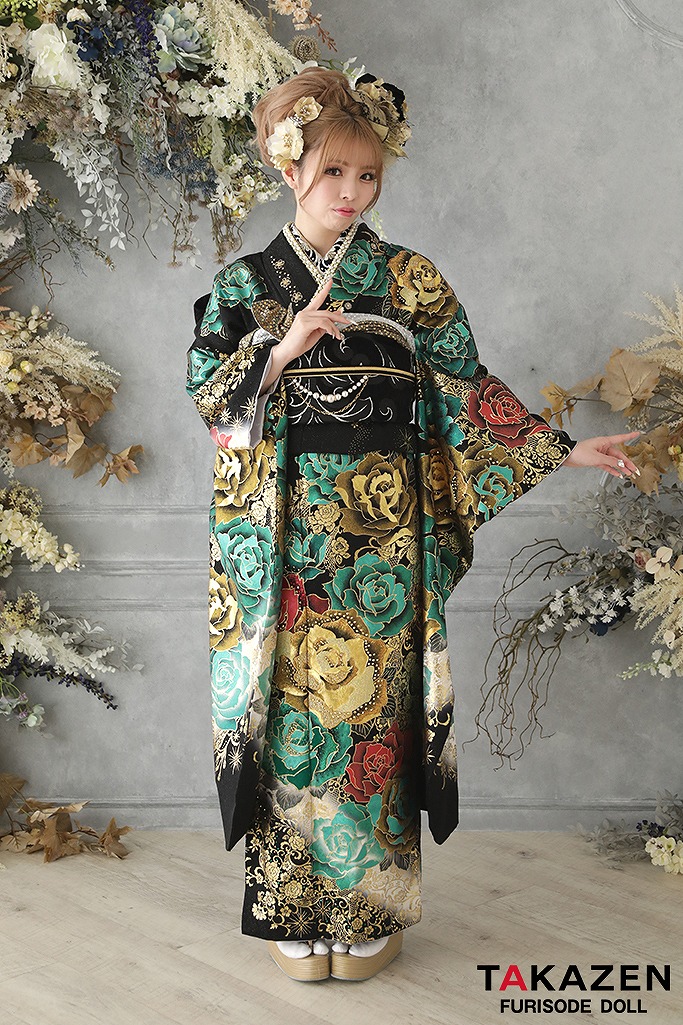 グラマラスモード 赤/黒/グリーン(緑色) バラ柄 目立つ 派手振袖ネット