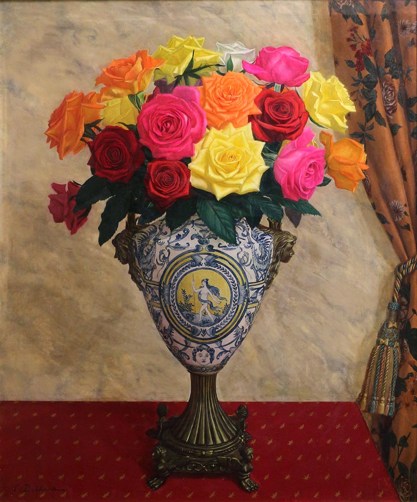 染付獅子脚付瓶に薔薇 – 岡南ギャラリー