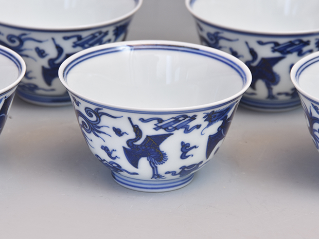 初代 篩月庵 三浦竹泉(作) 倣古青華鳳凰鶴図煎茶碗 5個 共箱 | 古美術