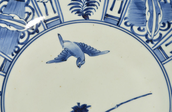 古伊万里(藍九谷様式)染付大皿 鳥に竹文 窓絵宝珠図 江戸時代中期 | 古