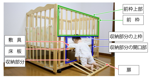 木製ベビーベッドの収納扉が不意に開き乳児が窒息する重大事故が発生