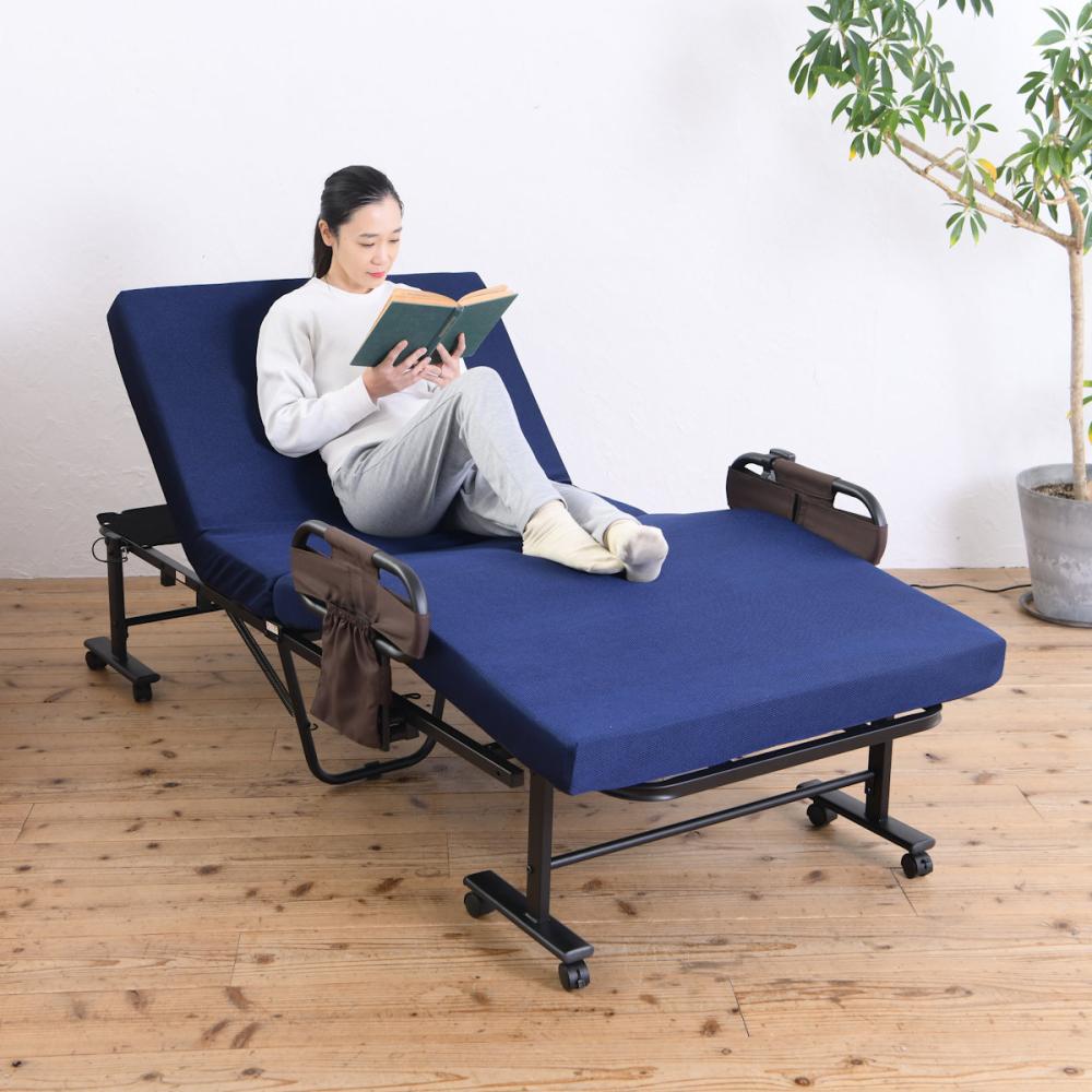 谷村実業 折りたたみ電動ベッド 硬質 ネイビー シングル TAN