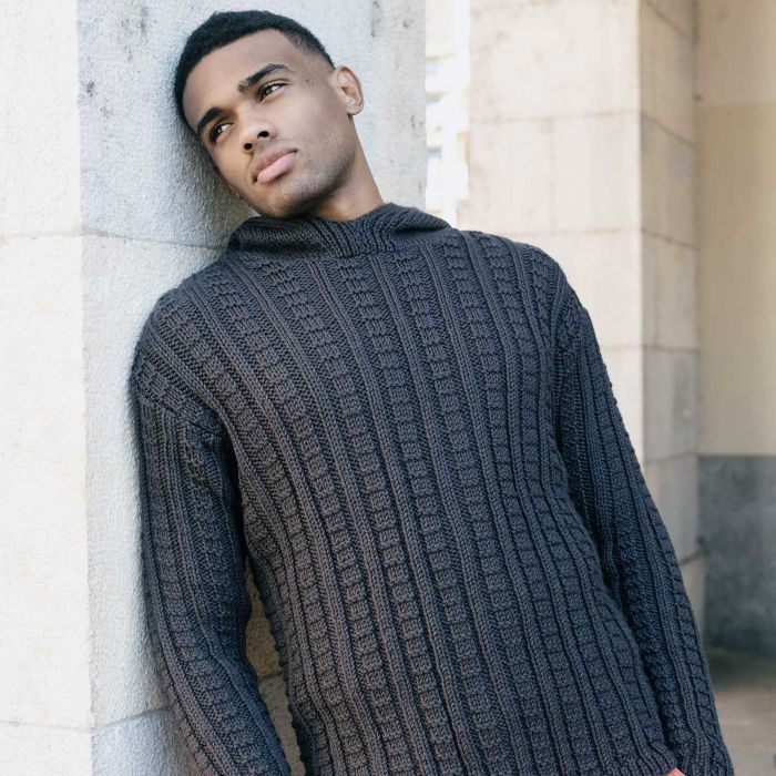 Mens Hooded Textured Stitch Sweater Knitting Pattern - A/W