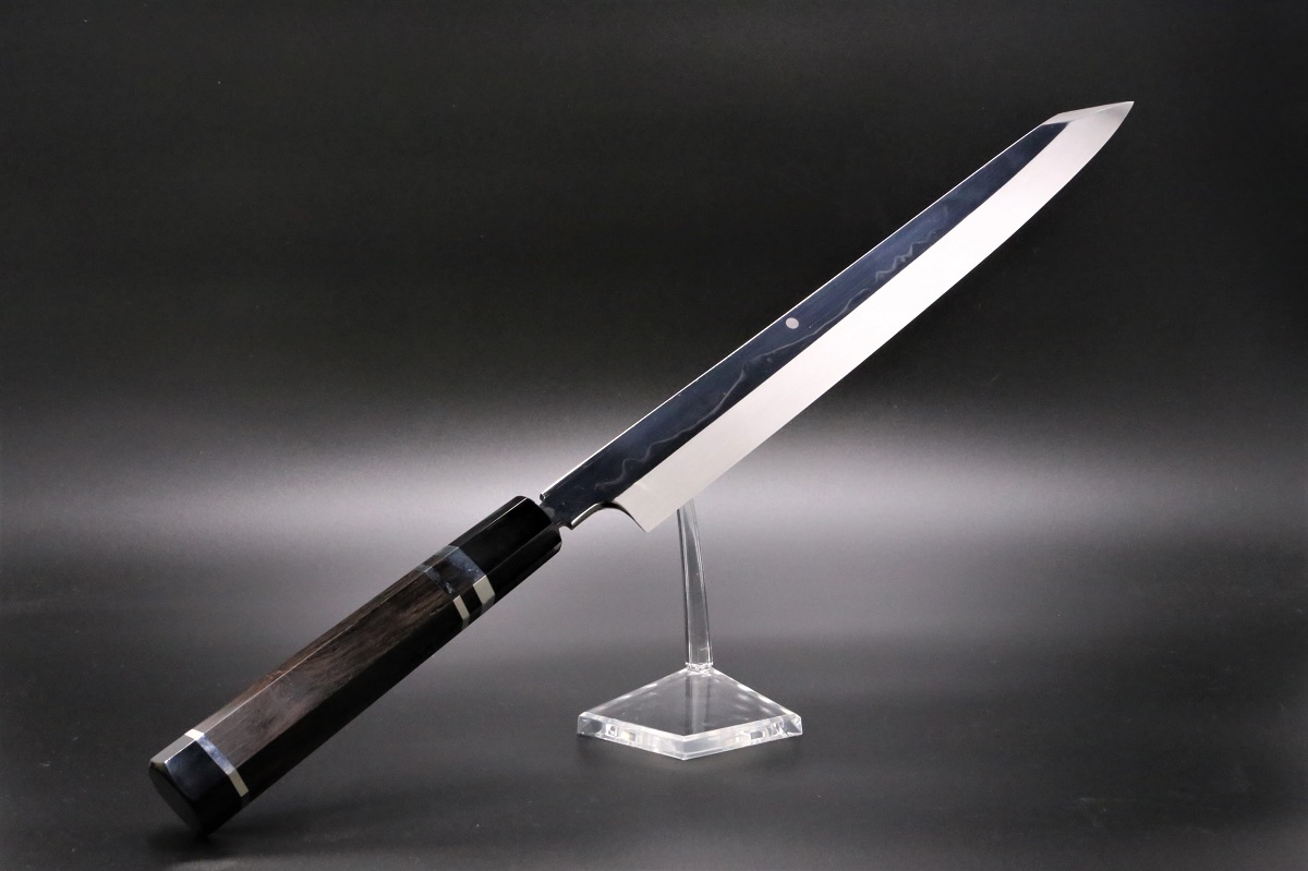 切付柳刃 白一鋼 330mm 水本焼 富士掛かり満月 両鏡面 八角黒檀柄 玄海