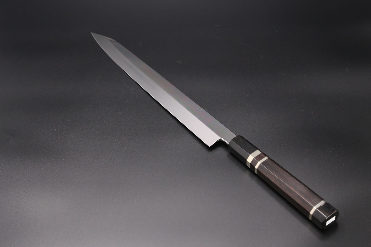 切付柳刃 銀三本焼 300mm 平鏡面 黒檀柄 鞘付き【左利き用】-歌舞伎ナイフ