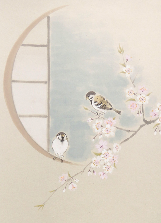 掛け軸 桜に雀 一期一会 (木村亮平) 送料無料 【掛軸】【一間床・半間
