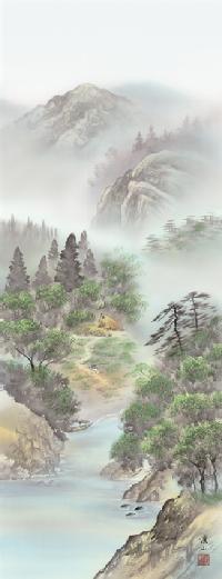 彩色山水】 緑風水明 伊藤渓山 （三美会）尺五 日本製 山水画 - 掛け軸