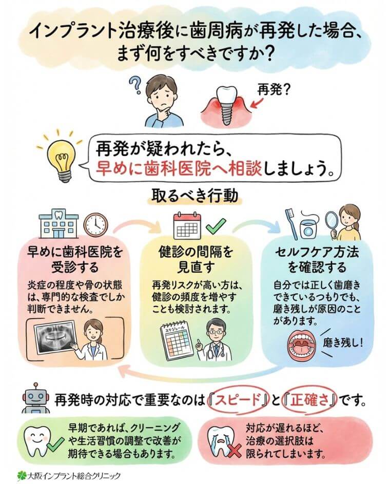インプラント治療後に歯周病が再発したらどうする？原因と正しい対処法