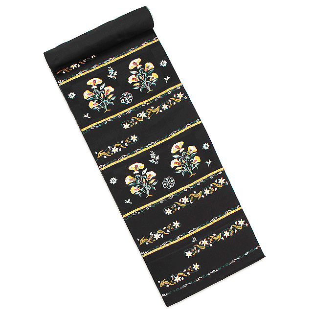 九寸名古屋帯(正絹)【山田織物謹製】「花柄横段紋・黒地・六通」お茶席