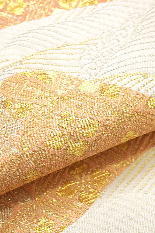 銀座【帯3643】西陣 梅垣織物製 袋帯 練色 波に割菱 七宝花菱文 (証紙