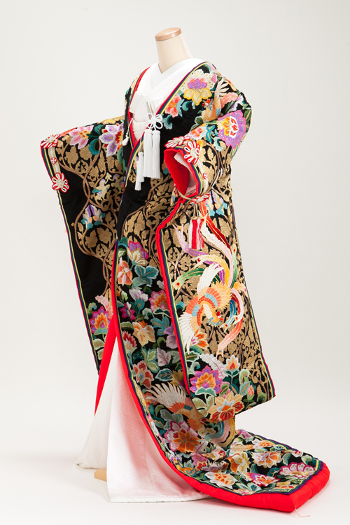 花嫁 正絹 色打掛レンタル 010012 黒 絽刺 相良刺繍 鳳凰 重ね