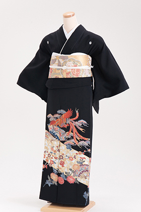正絹 留袖 レンタル 五つ紋 120058 ゴールド 鳳凰 紅型風