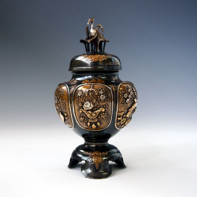 dk4,六面間取花鳥紋香炉 正晴堂作 【 高岡銅器 】