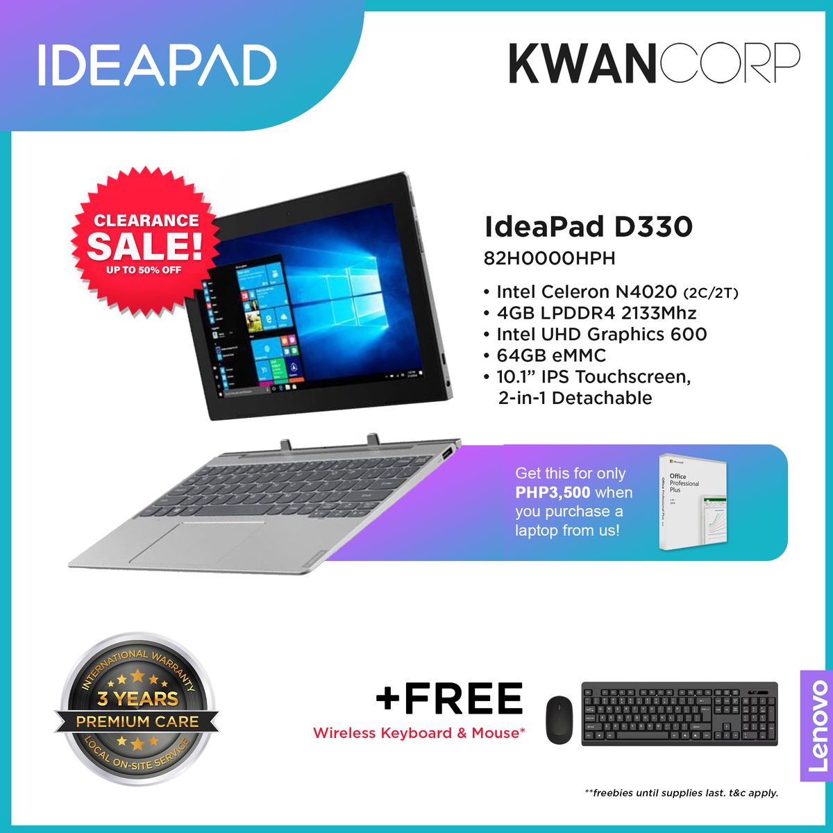 Lenovo IdeaPad D330 82H0000HPH Intel Celeron N4020 4GB RAM Intel UHD G