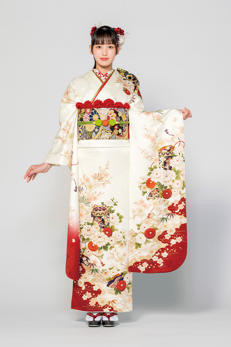 No.1188 【新品振袖/京友禅】【白】貝桶の柄と周りの花々が、多彩な色