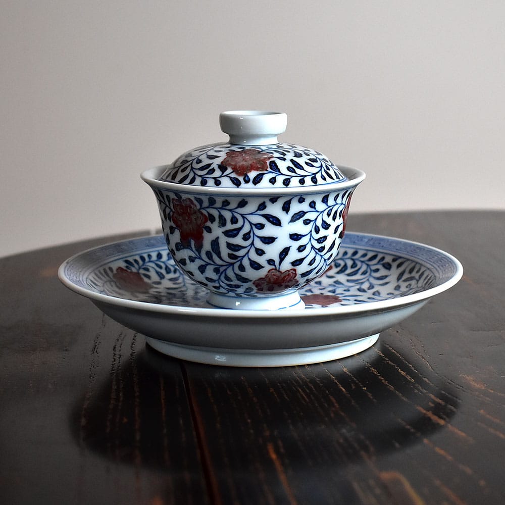 青花釉里红缠枝莲盖碗壶承套组_Hey China