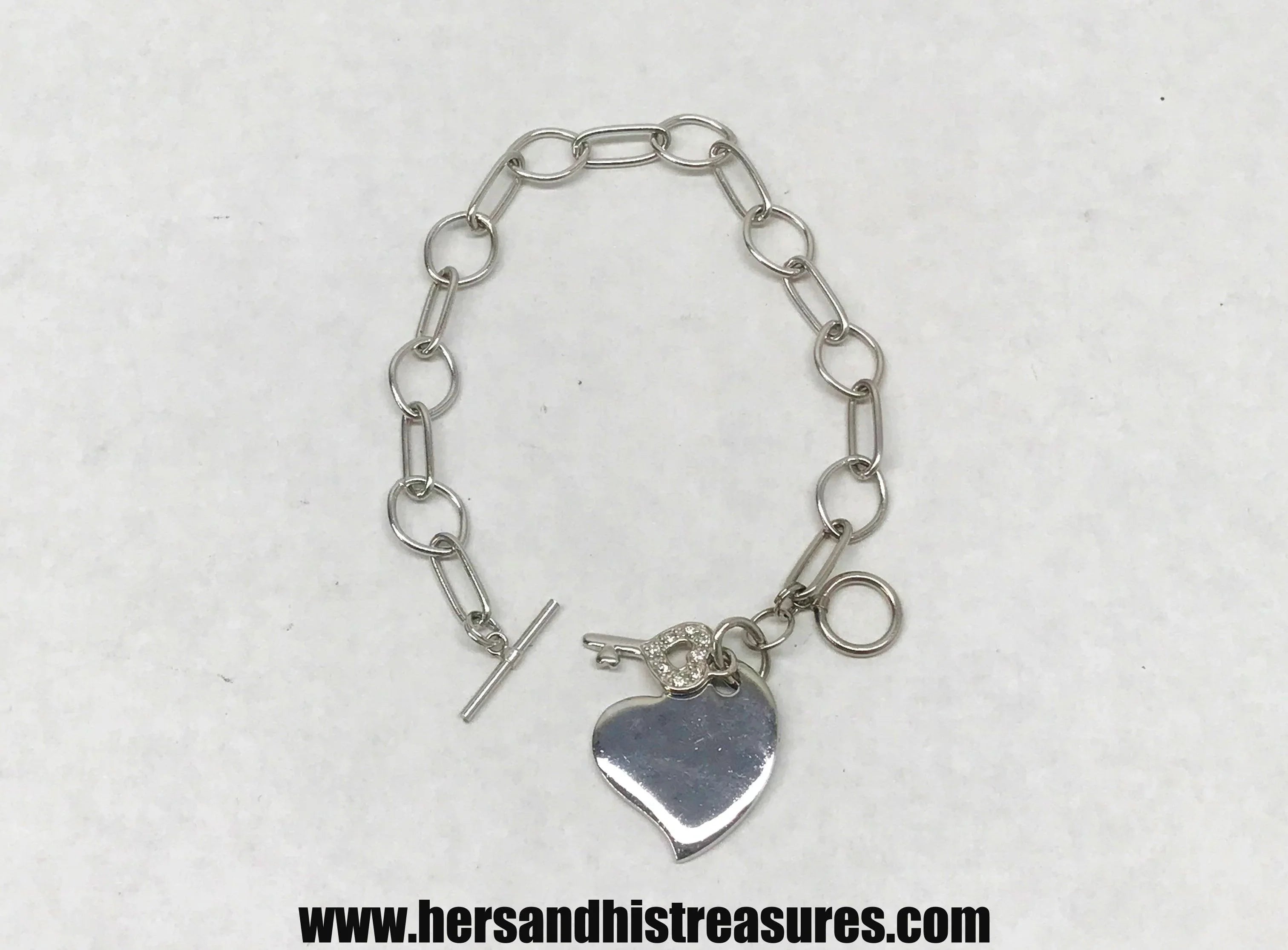 Sterling Silver Heart With Key Charms and Chain Link Bracelet
