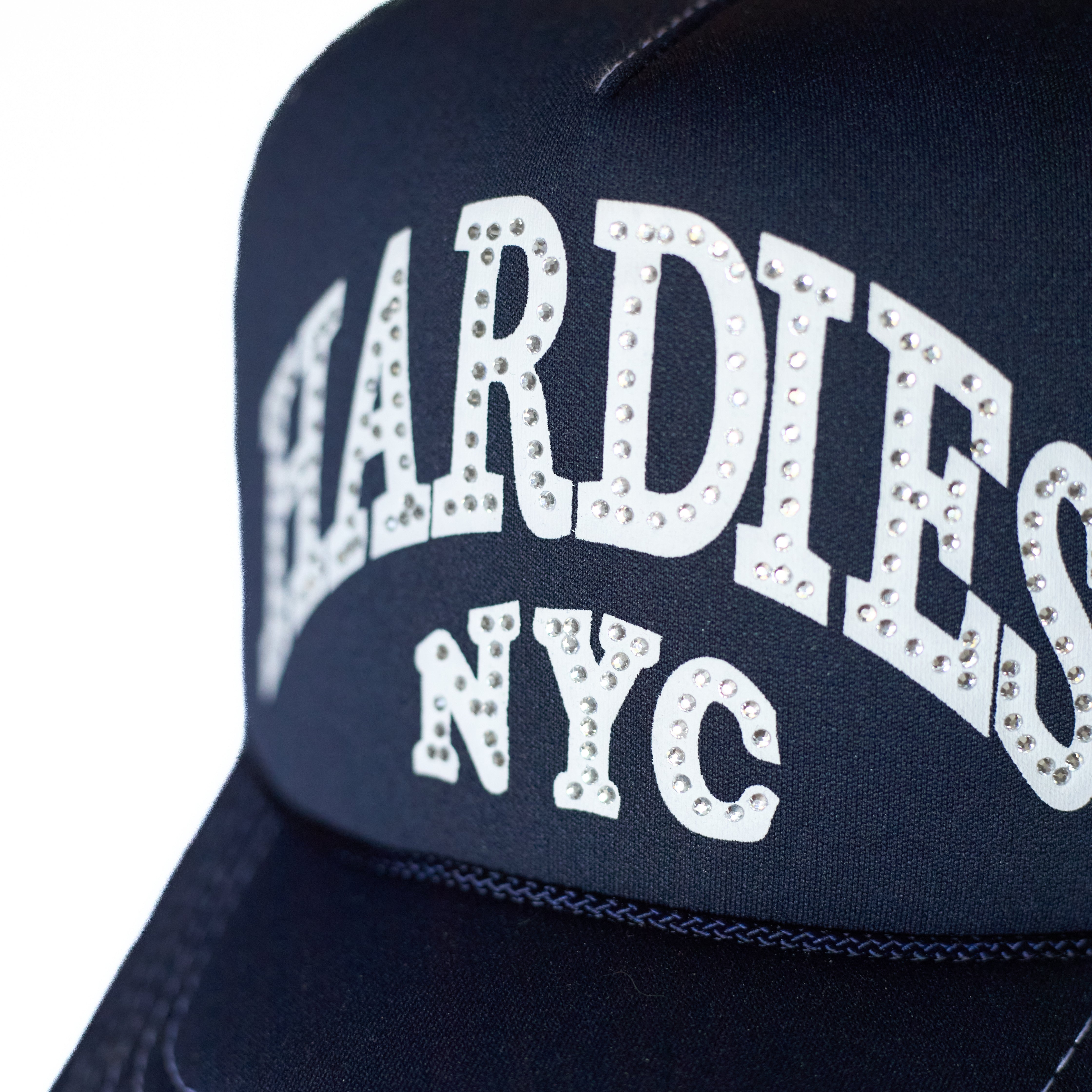 HARDIES NYC Rhinestone Pre Curve Trucker Hat - Navy Blue – Hardies