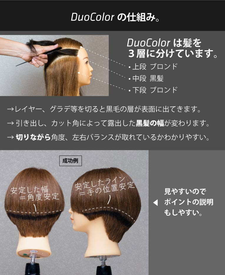 DuoColor 100%人毛 練習用 2色 カットウィッグ 12体セット｜美容ハサミ