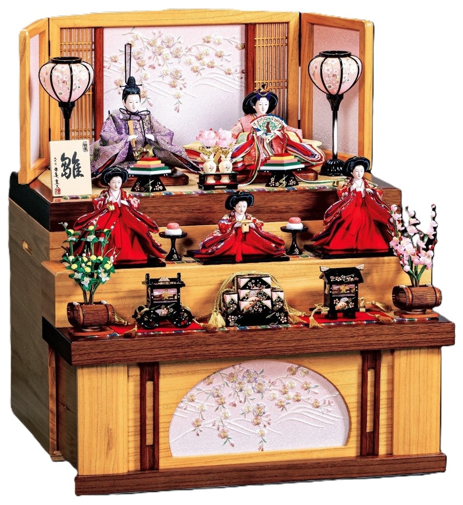 雛人形 三段五人収納飾りセット【P81205】 家具調木目ツートンの引出式