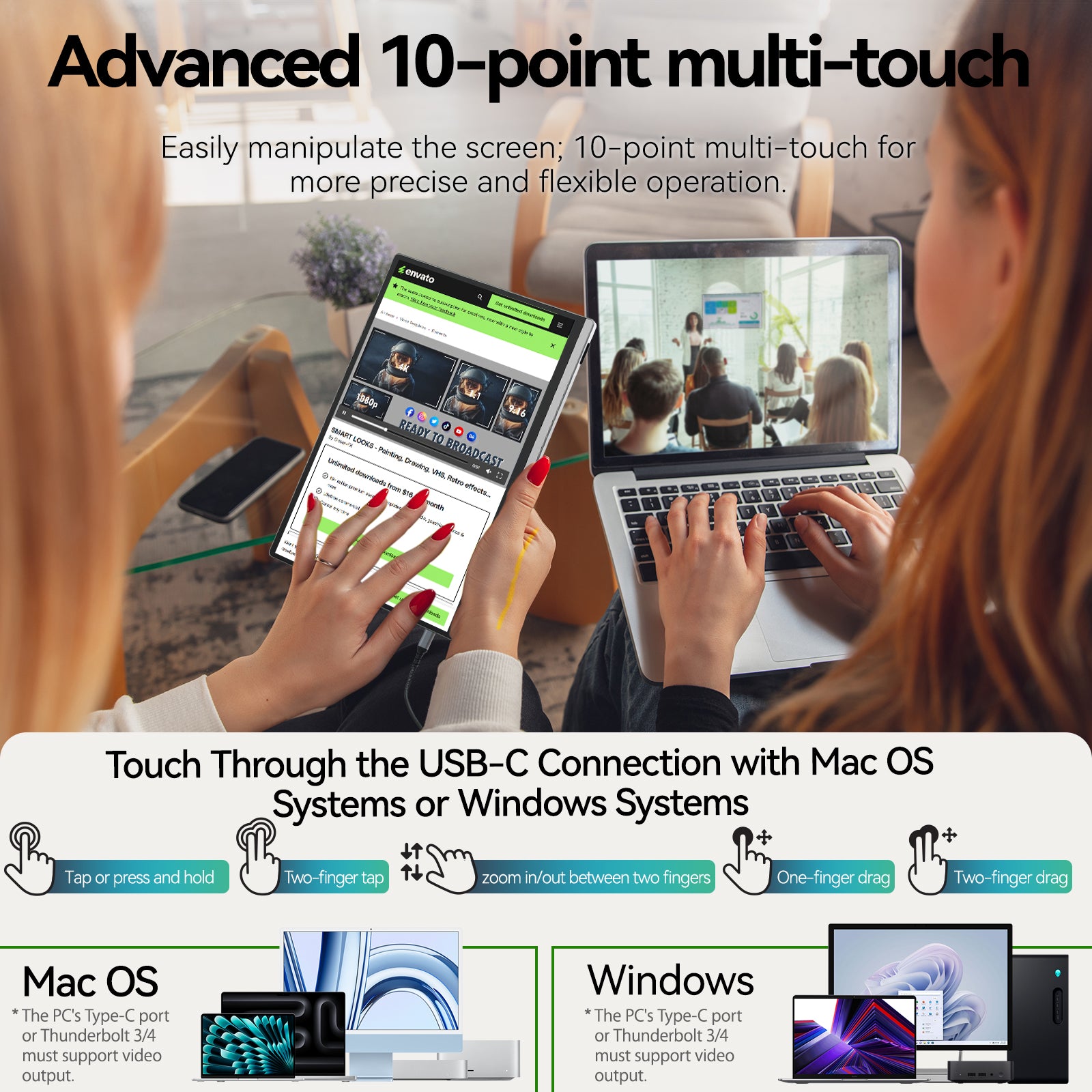 Intehill 4K Portable Monitor for Laptop and mini PC, 13.4 inch U13NA