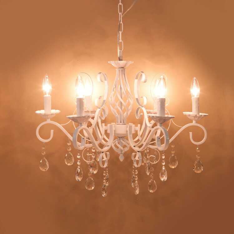 LT-4855 白ホワイトのアイアン6灯シャンデリア｜クリスタル使用