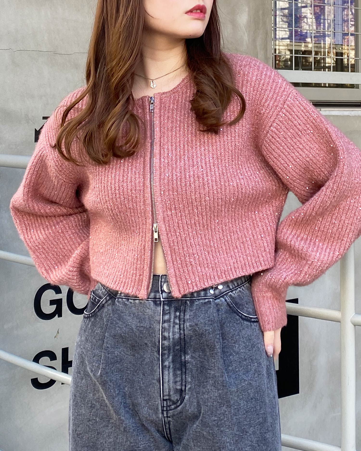 ラメスパンコールフロントジップニットカーディガン｜INGNI(イング