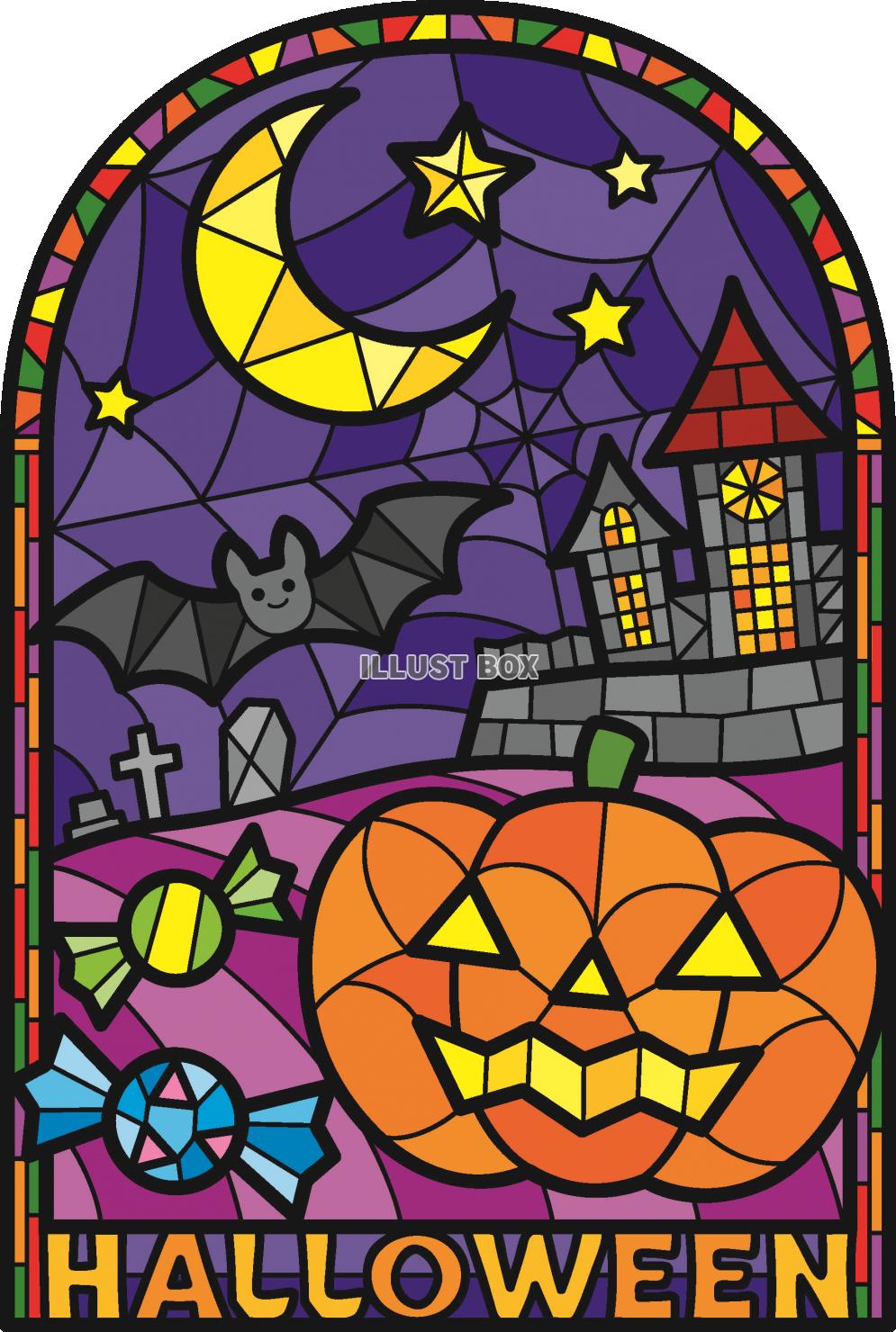 ステンドグラス風ハロウィンの夜の塗り絵完成：イラスト無料