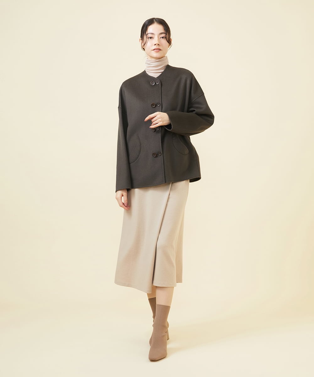 WINTER BLUE】ダブルボタンショートリバーコート(ノーカラーコート