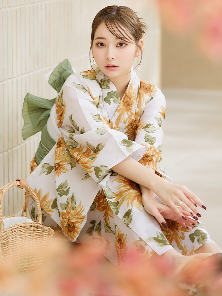 即日発送】水彩向日葵浴衣 【浴衣3点セット 浴衣/帯/下駄】[OF04