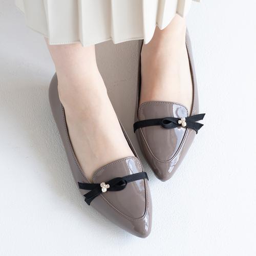 アシンメトリーリボンモールドソールレインパンプス(23.0cm ブラック