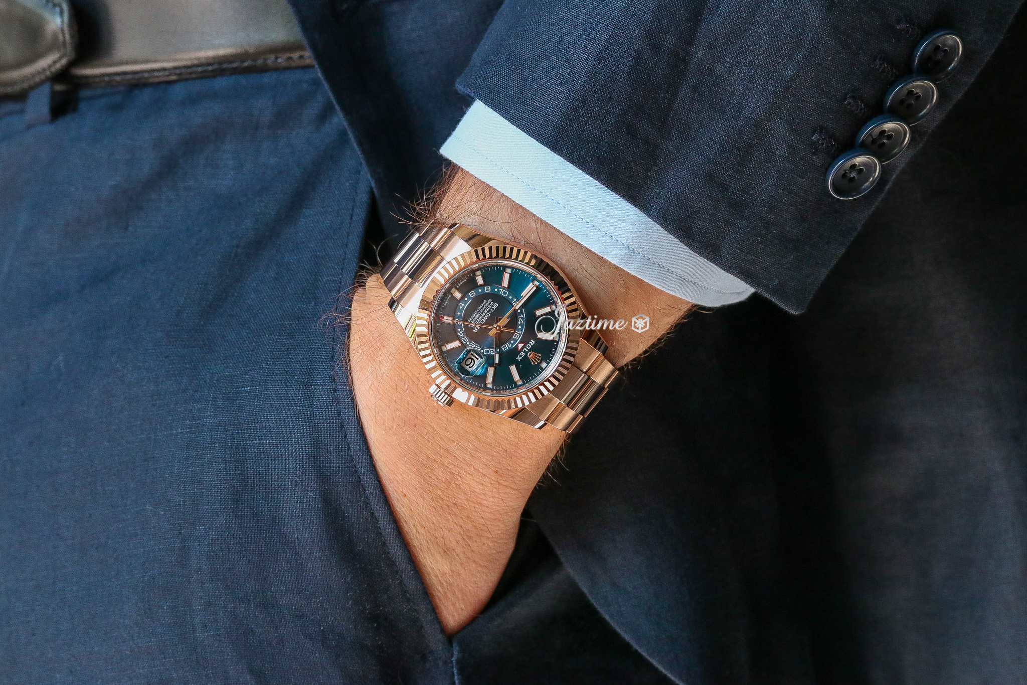Up Close: Rolex Sky-Dweller Rose Gold Blue-Green Index Dial Oyster