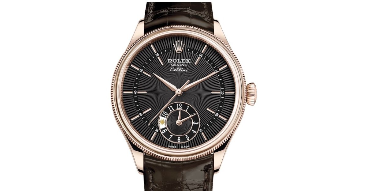 Rolex Cellini Dual Time Rose Gold Black Guilloche Index Dial Domed