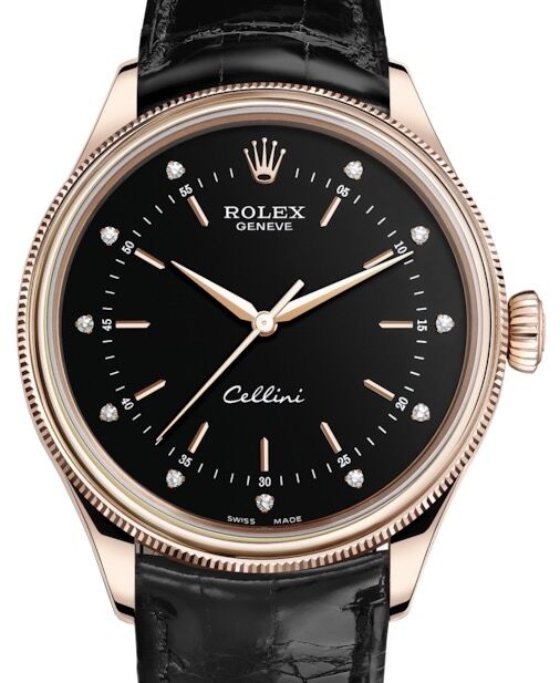 Rolex Cellini Time Rose Gold Black Diamond Dial Domed & Fluted