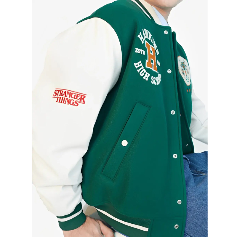 Green/White Hawkins Stadium Stranger Things Varsity Jacket