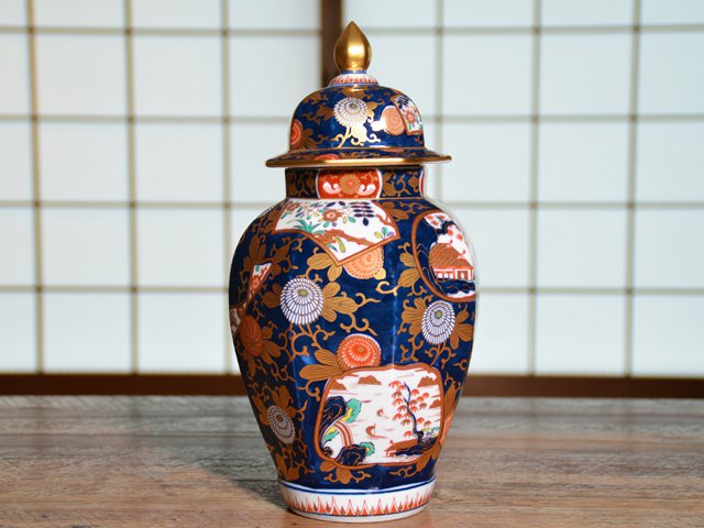 有田焼 池田視行作 二方割 花鳥文 大壺 36cm 骨董品 染錦 コレクション