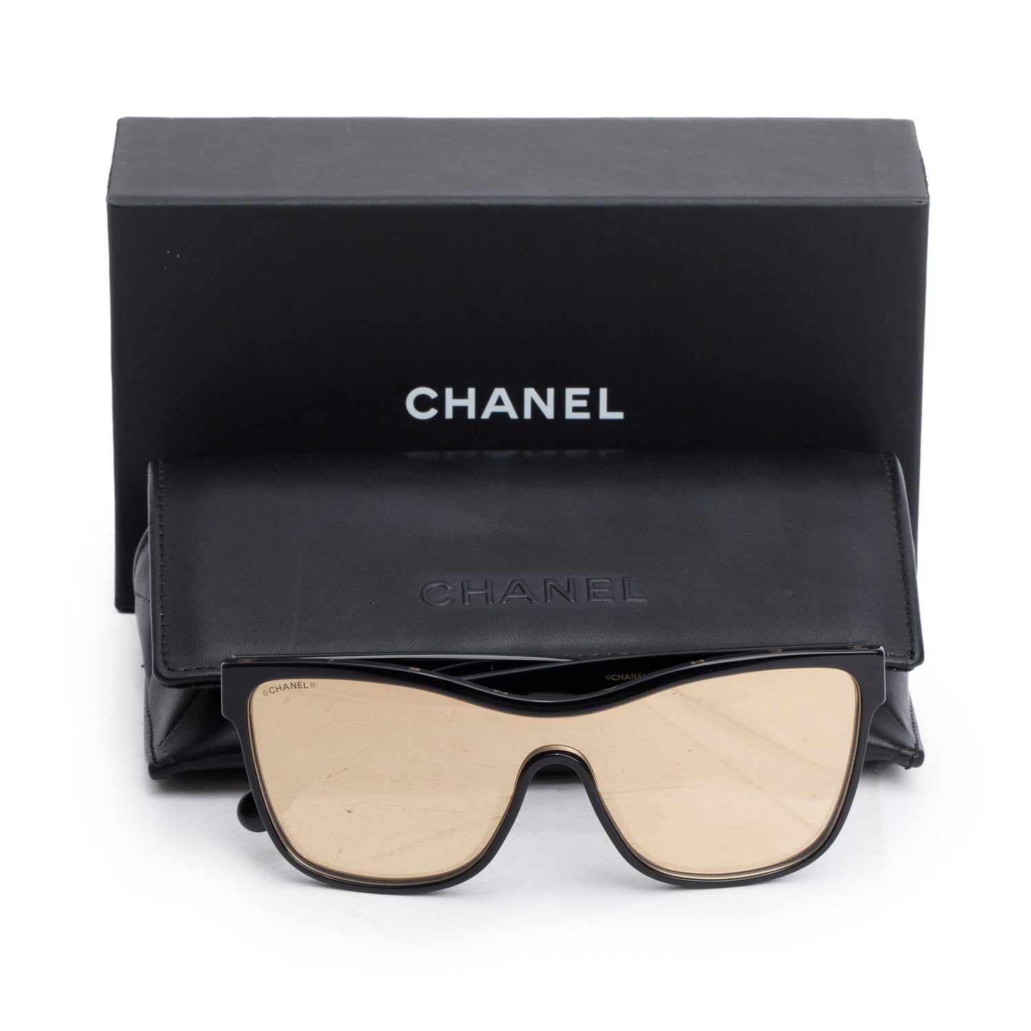 Chanel 5418-A Black Acetate CC Logo Shield Sunglasses w/ Box