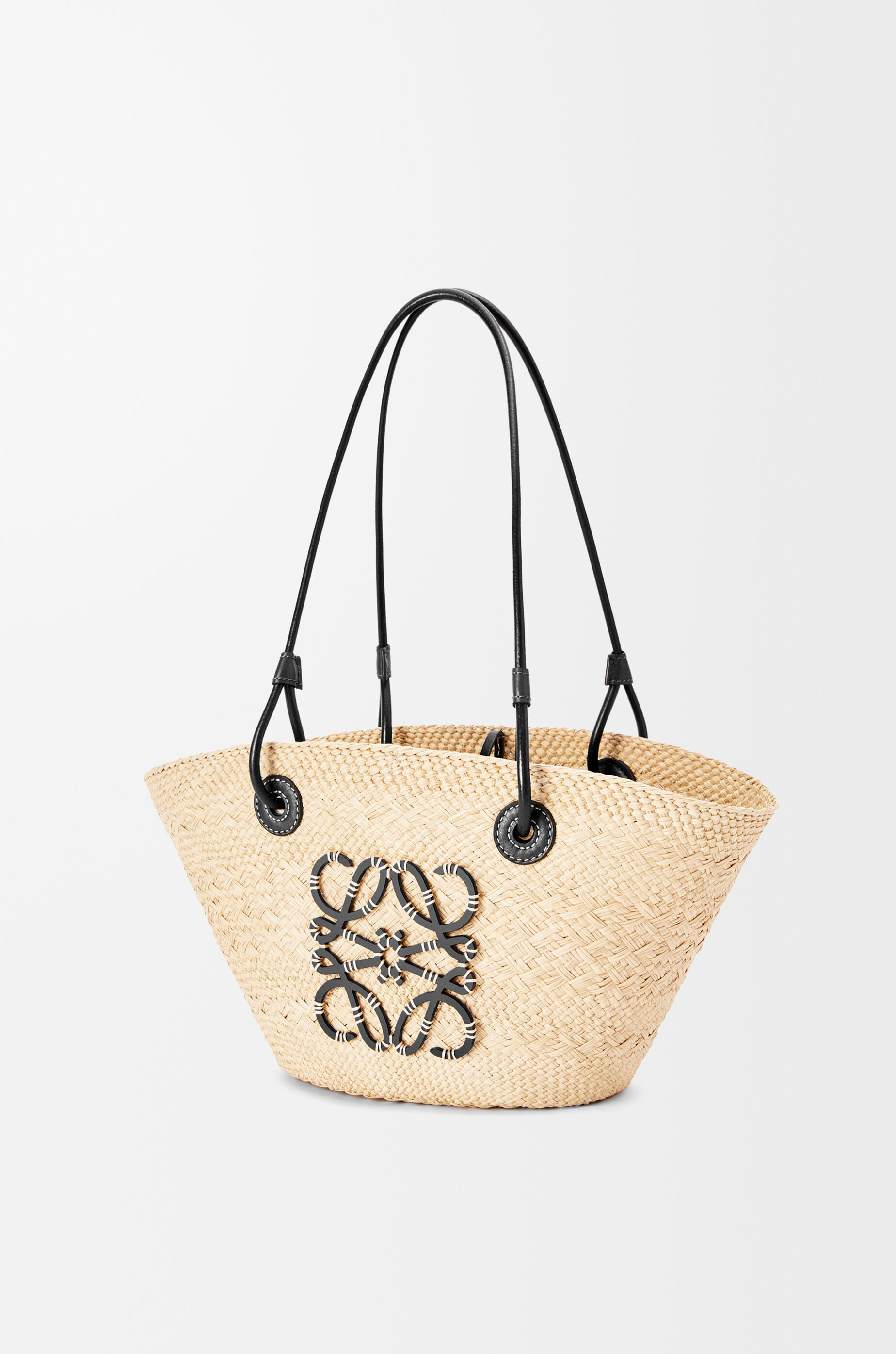 Small Anagram Basket bag in iraca palm and calfskin Beige - LOEWE